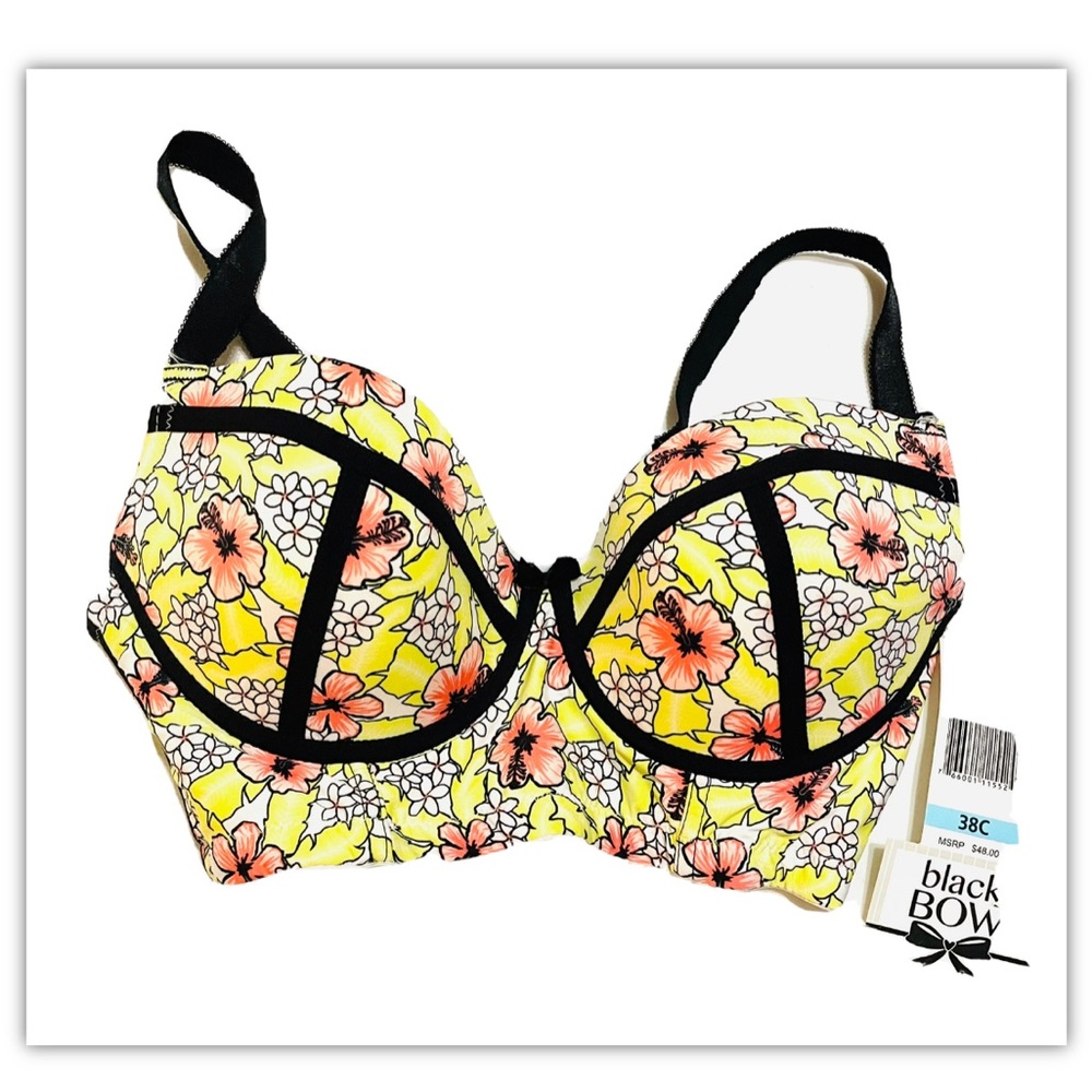 Black Bow Yellow & Black Floral Design Underwire Bra 38C NWT